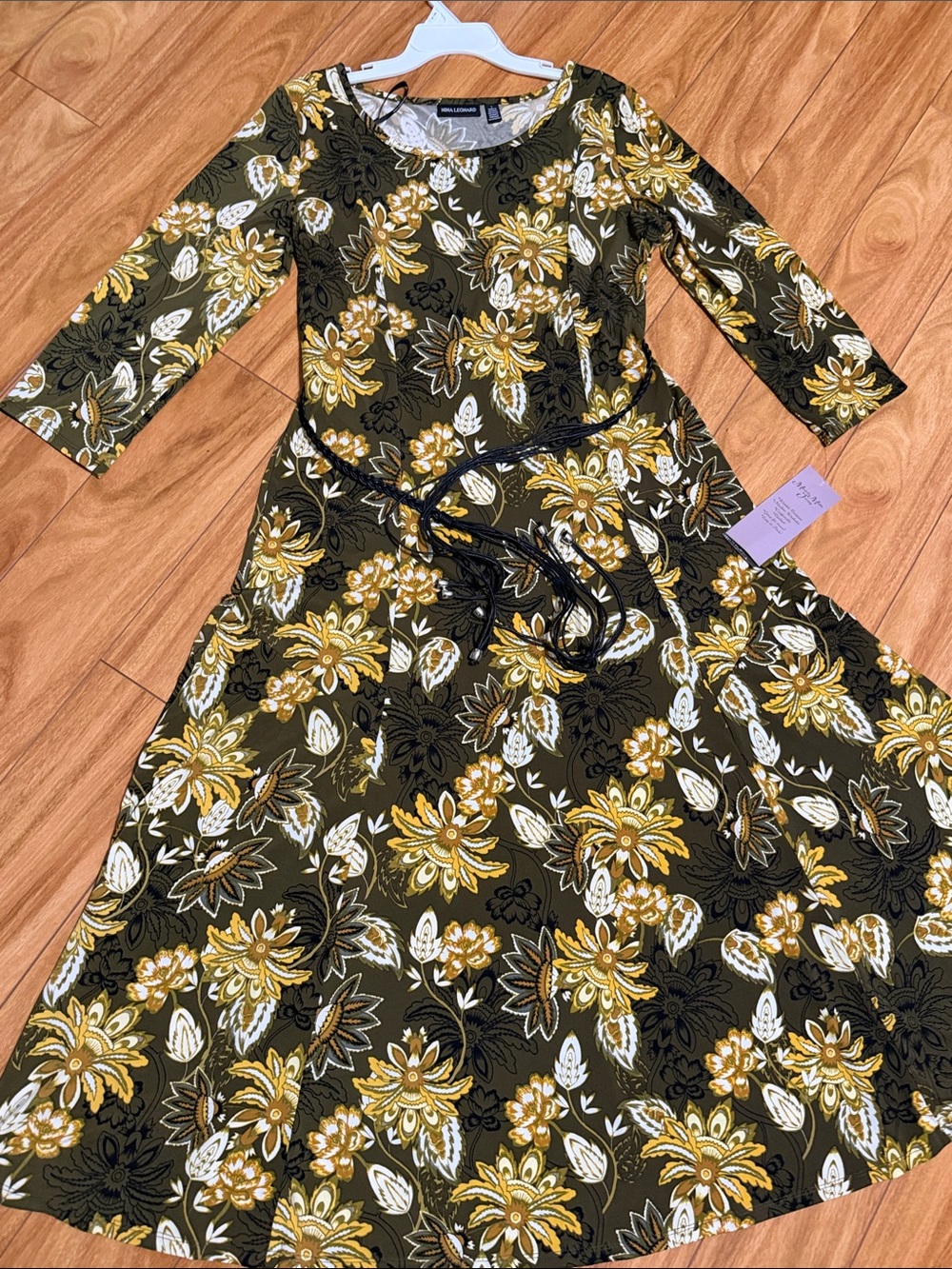 Nina Leonard Olive Maxi Dress with Yellow Floral Print
